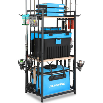 PLUSINNO 3-tier fishing rod holder in a garage storing up to 8 rods