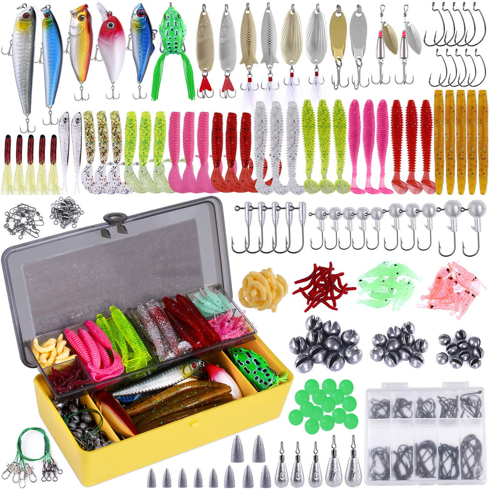 PLUSINNO 302Pcs fishing tackle box open shows versatile freshwater lure assortment for bass.