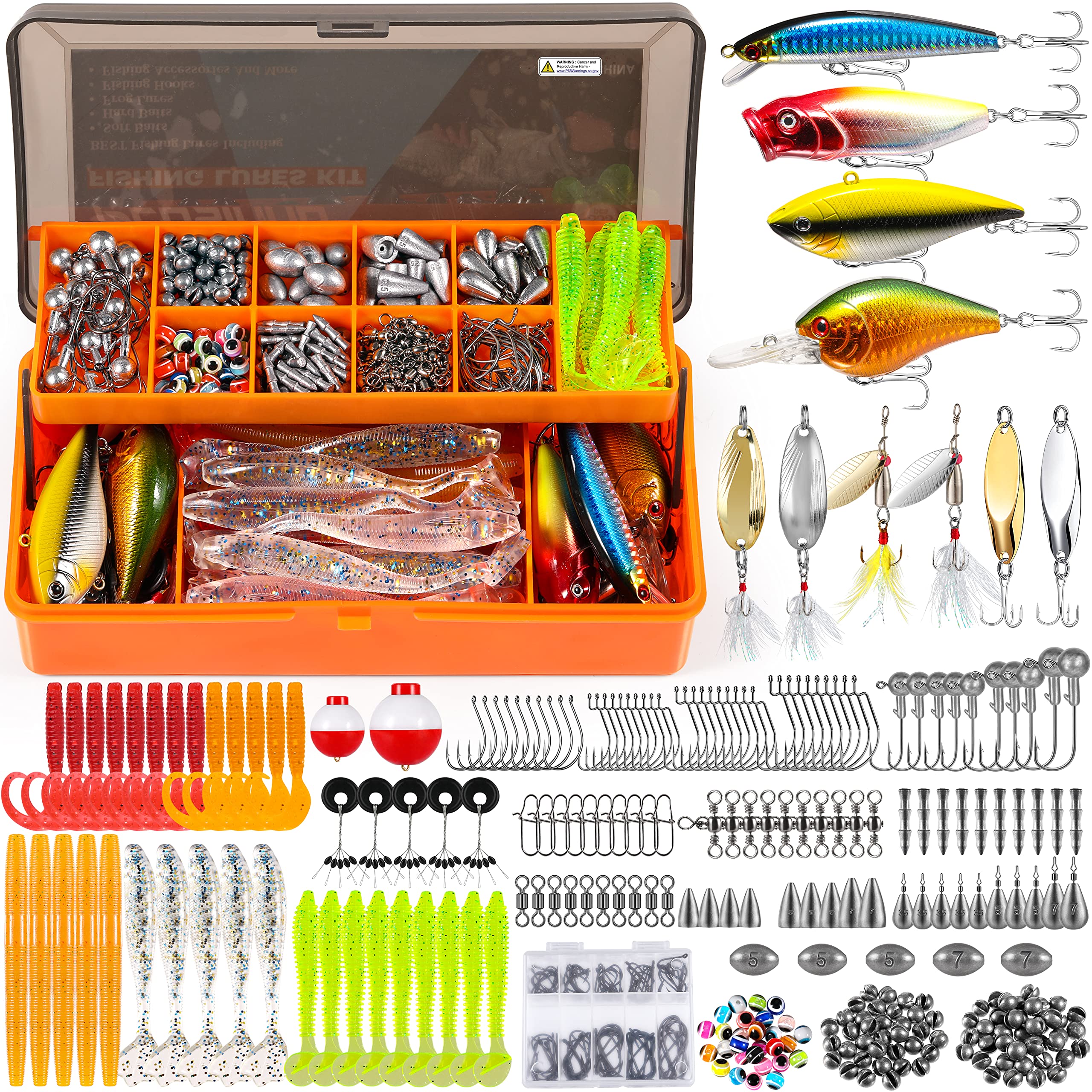 PLUSINNO 353-piece fishing lure kit with 12 rigs in a double-layer tackle box