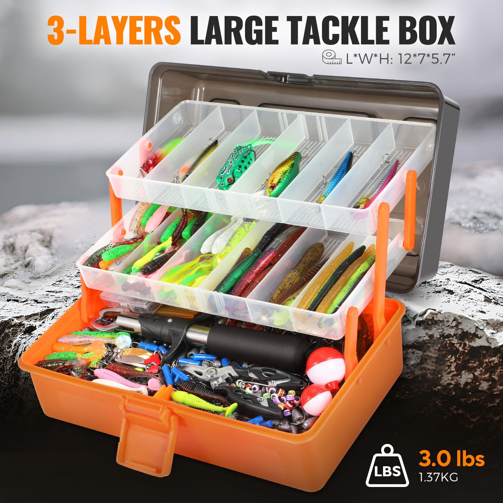 Comprehensive 415-piece fishing lure kit with hooks and weights