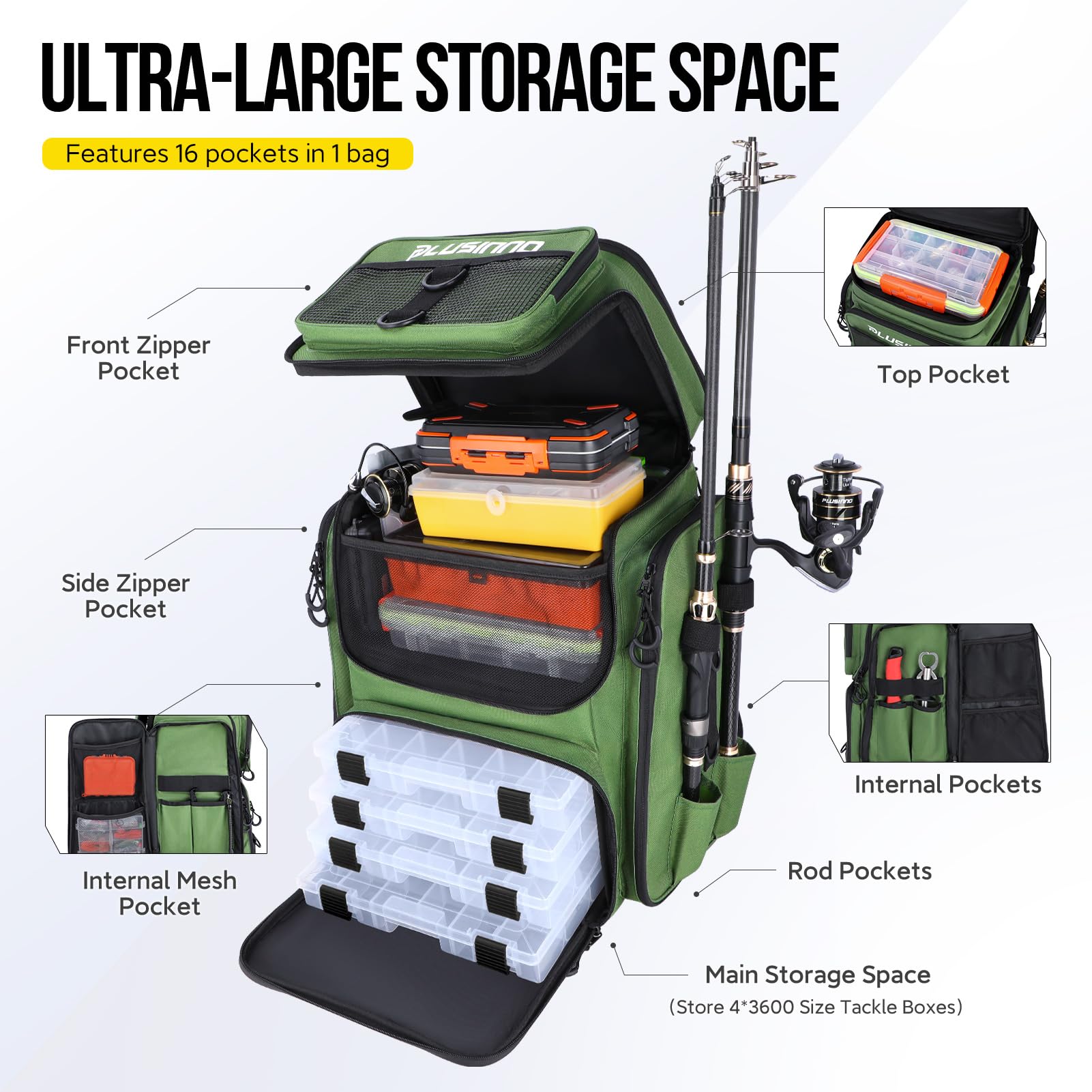 PLUSINNO 42L water-resistant tackle bag protects gear in rain and spray.