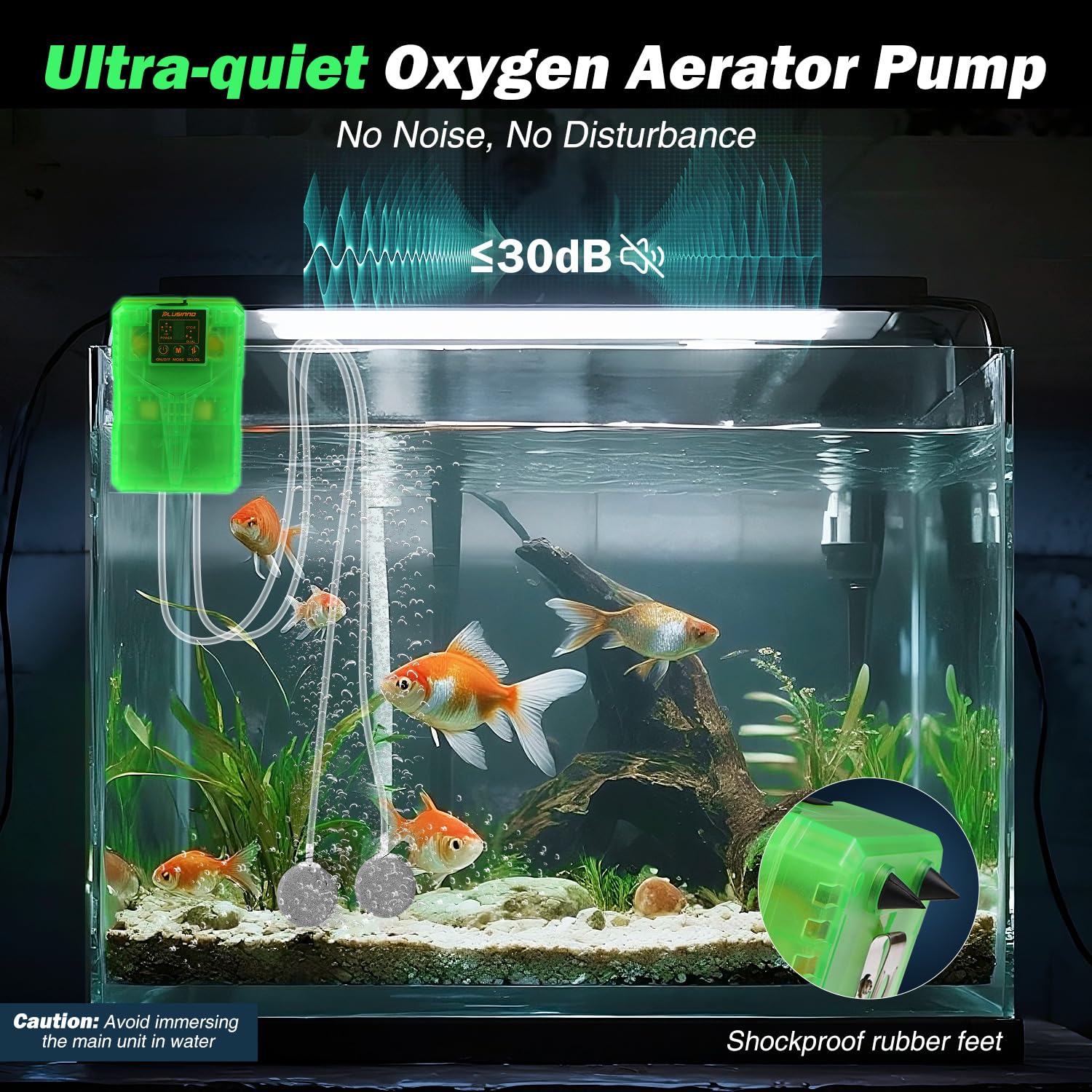 PLUSINNO ultra-quiet aerator operates under 30dB for discreet fishing sessions.