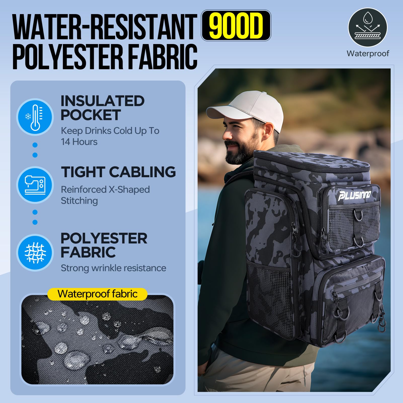 PLUSINNO black camo fishing backpack blends into nature while carrying essential gear.