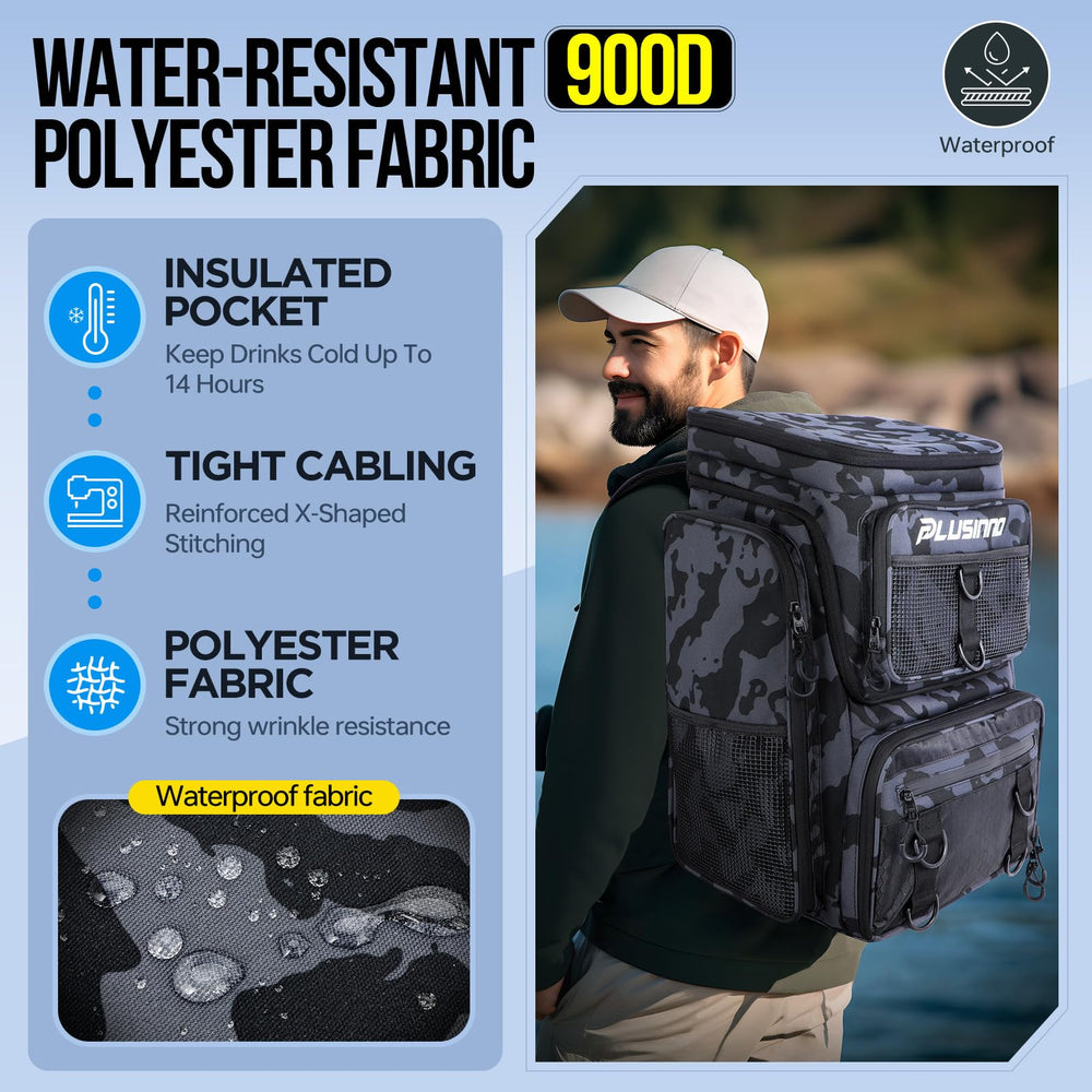 PLUSINNO black camo fishing backpack blends into nature while carrying essential gear.