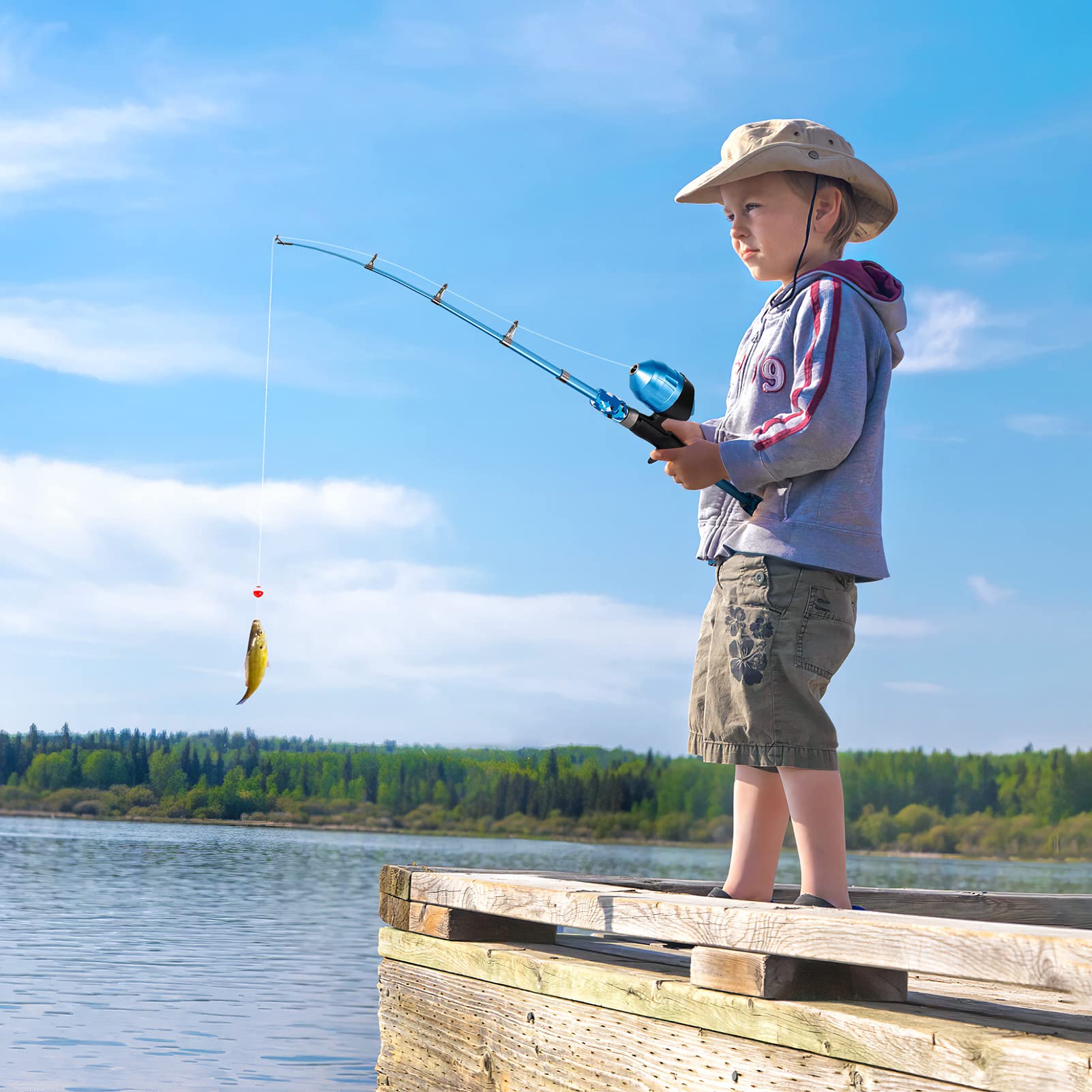 Blue PLUSINNO rod in use during family fishing session outdoors.