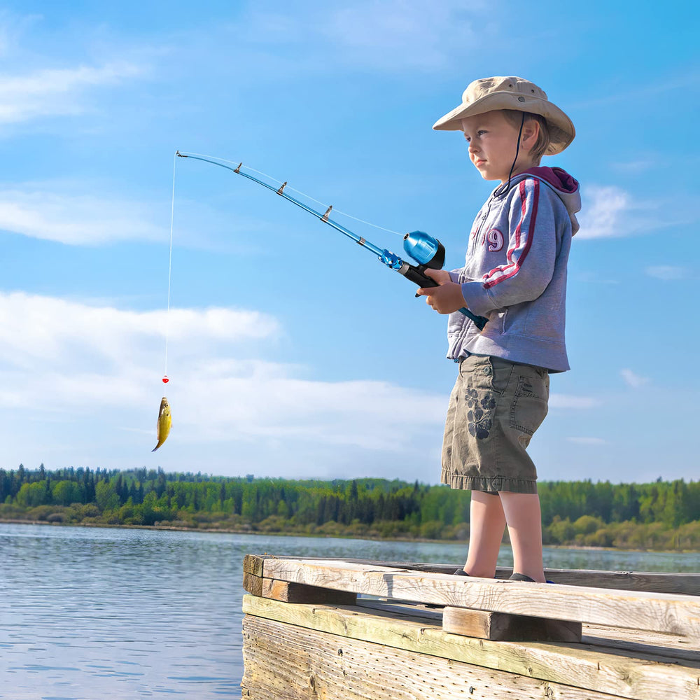 Blue PLUSINNO rod in use during family fishing session outdoors.