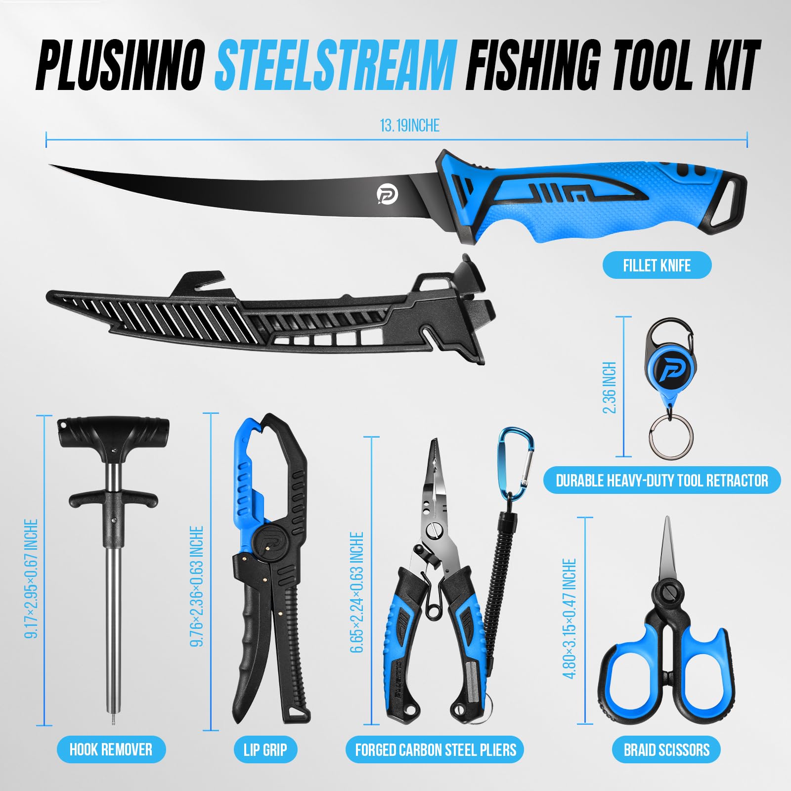PLUSINNO coiled-lanyard and sheath with carabiner for secure tool carry.