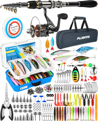PLUSINNO collapsible rod and reel ready for portable bass fishing.