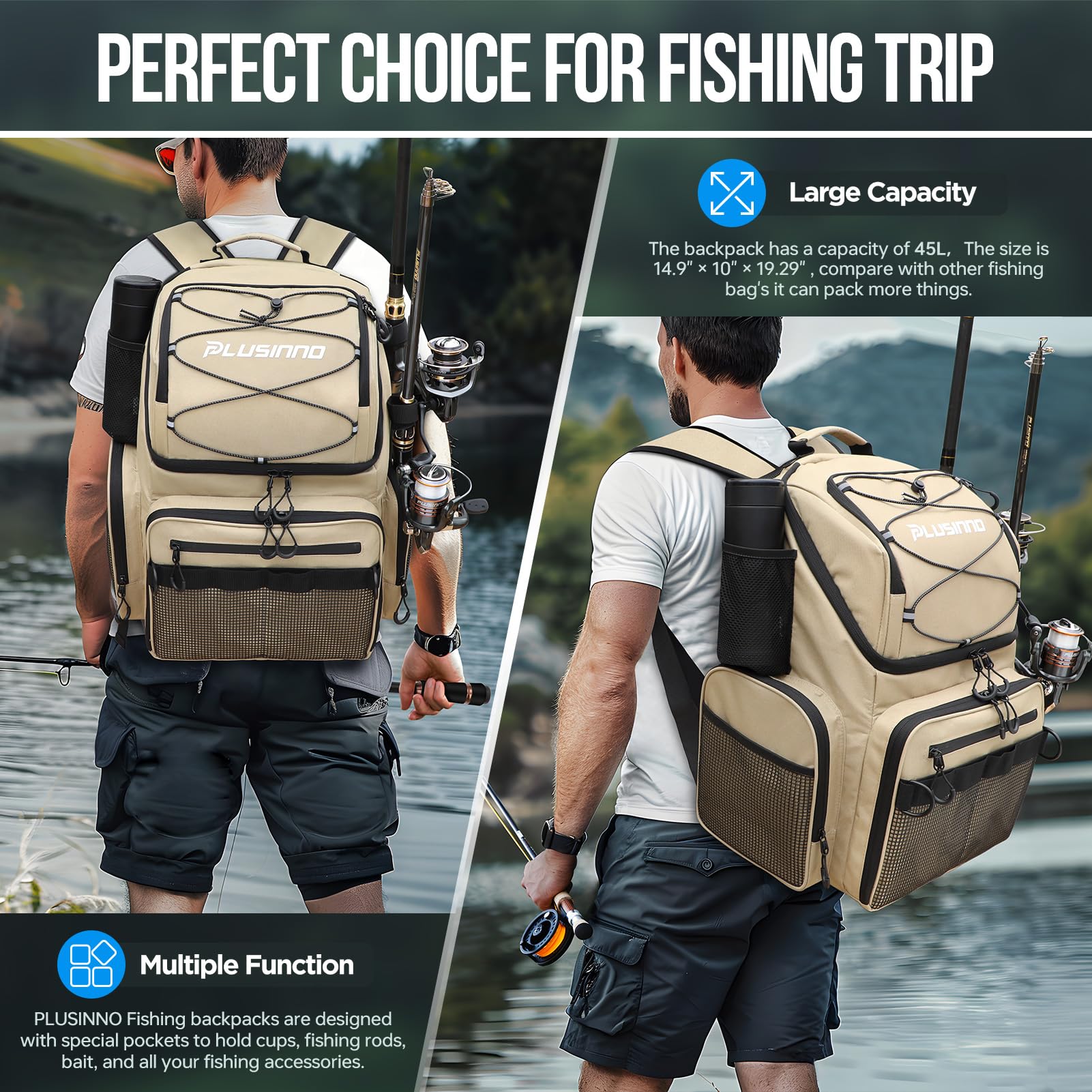 PLUSINNO cooler fishing backpack ergonomic shoulders design reduces strain during long trips