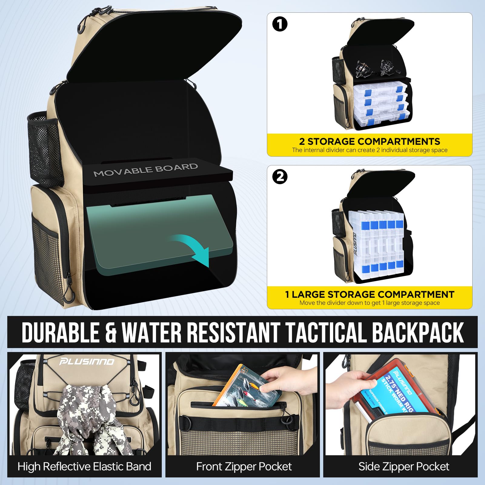 PLUSINNO cooler fishing backpack multiple pockets and D-rings for tackle and tools