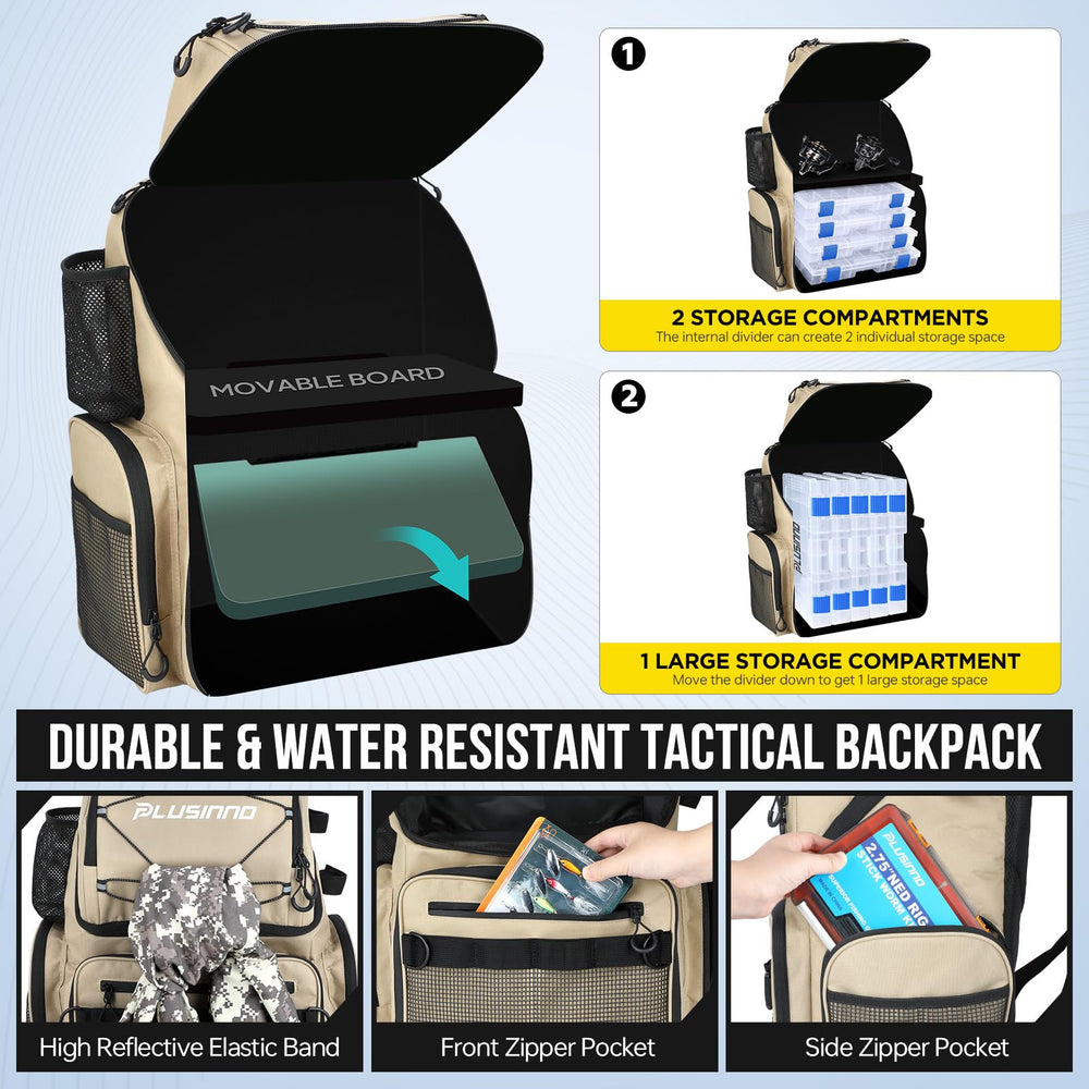 PLUSINNO cooler fishing backpack multiple pockets and D-rings for tackle and tools