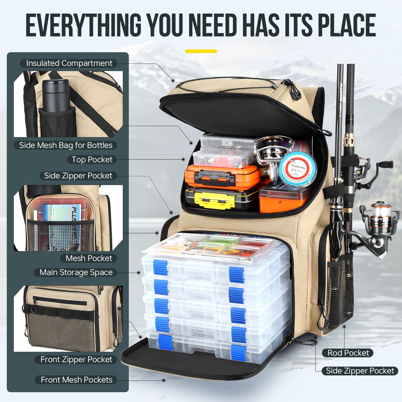 PLUSINNO cooler fishing backpack rod holders in use for hands-free fishing setup