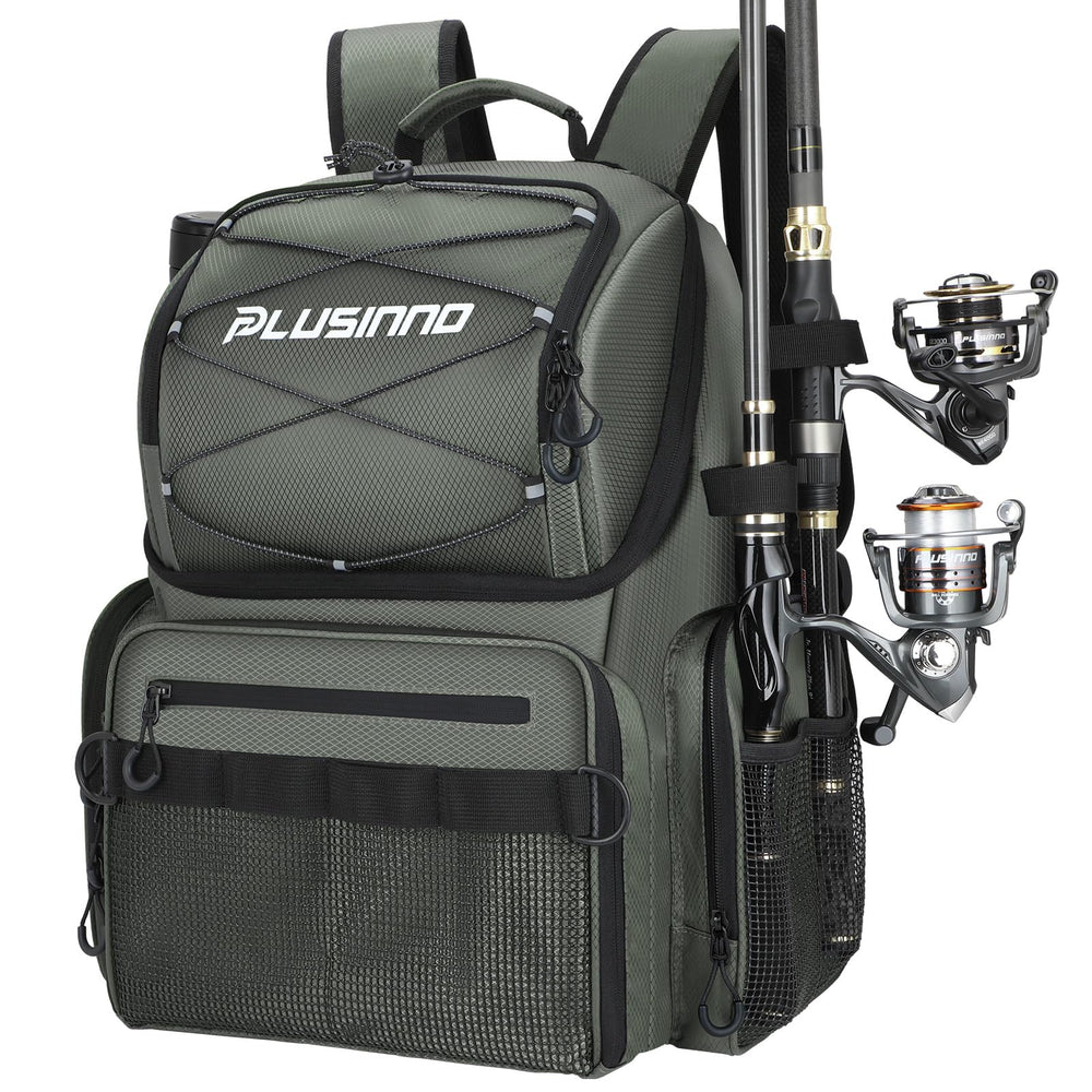 PLUSINNO cooler fishing backpack with rod holders keeps gear organized for a day on the water.