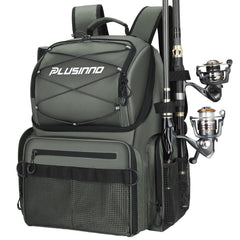 PLUSINNO cooler fishing backpack with rod holders keeps gear organized for a day on the water.