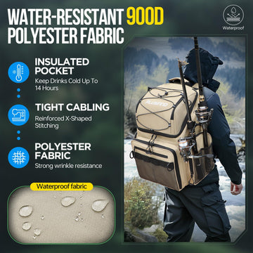 PLUSINNO cooler fishing backpack water-resistant fabric protects gear in rain or spray