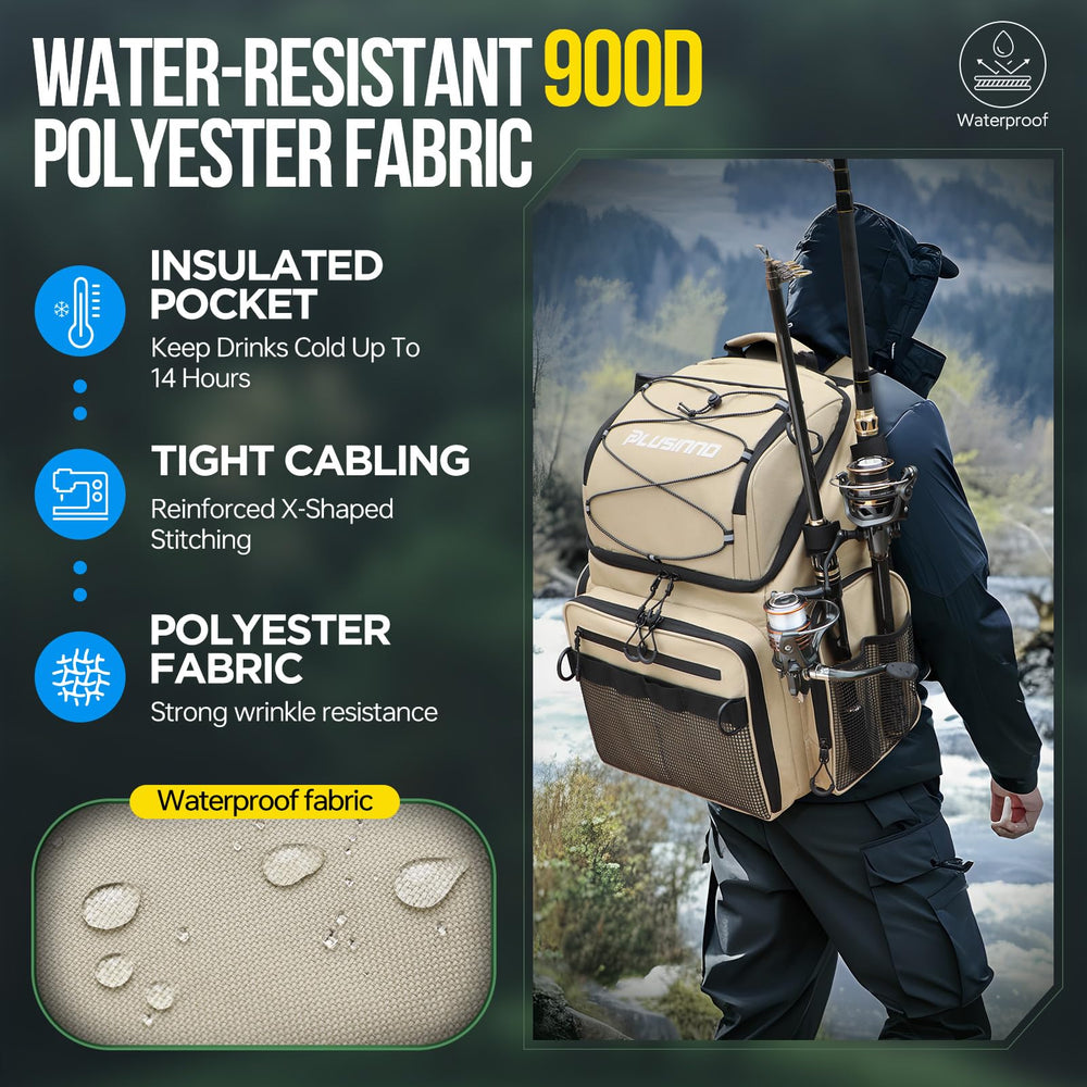 PLUSINNO cooler fishing backpack water-resistant fabric protects gear in rain or spray