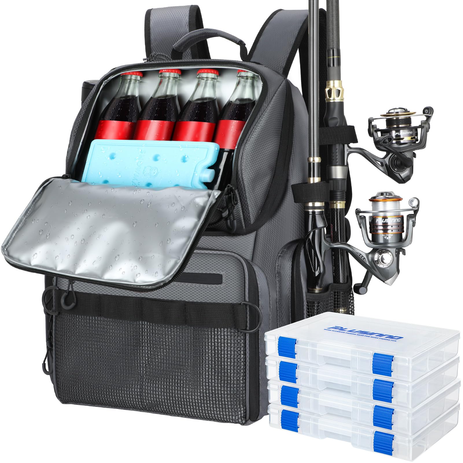 PLUSINNO Cooler Fishing Backpack with water resistant fabric guards gear during rain while on the move