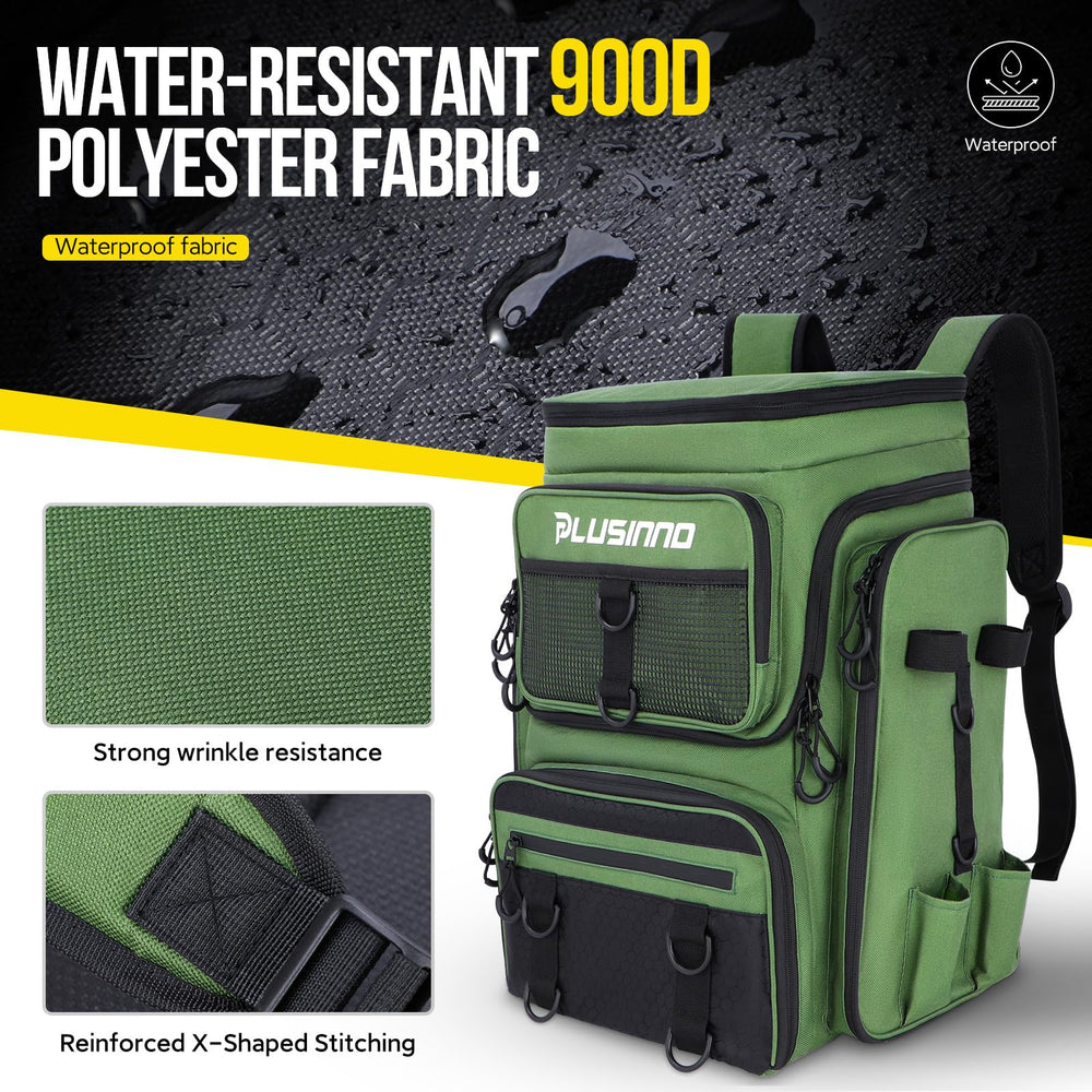 PLUSINNO customizable main compartment adapts to large tackle boxes for flexible storage.