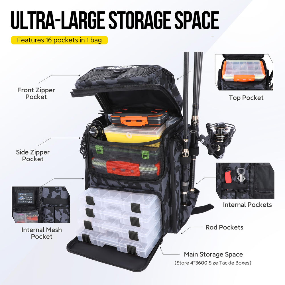 PLUSINNO fishing backpack with 16 pockets keeps tackle organized