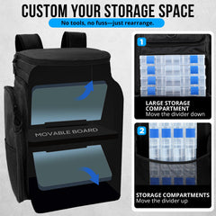 Plusinno fishing backpack 42L capacity for tackle and gear organization.