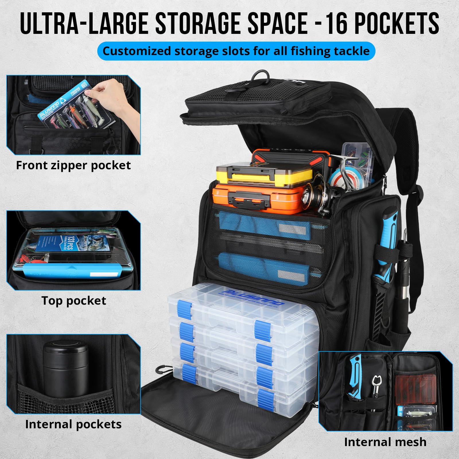 Plusinno fishing backpack adjustable storage divider creates flexible compartments.