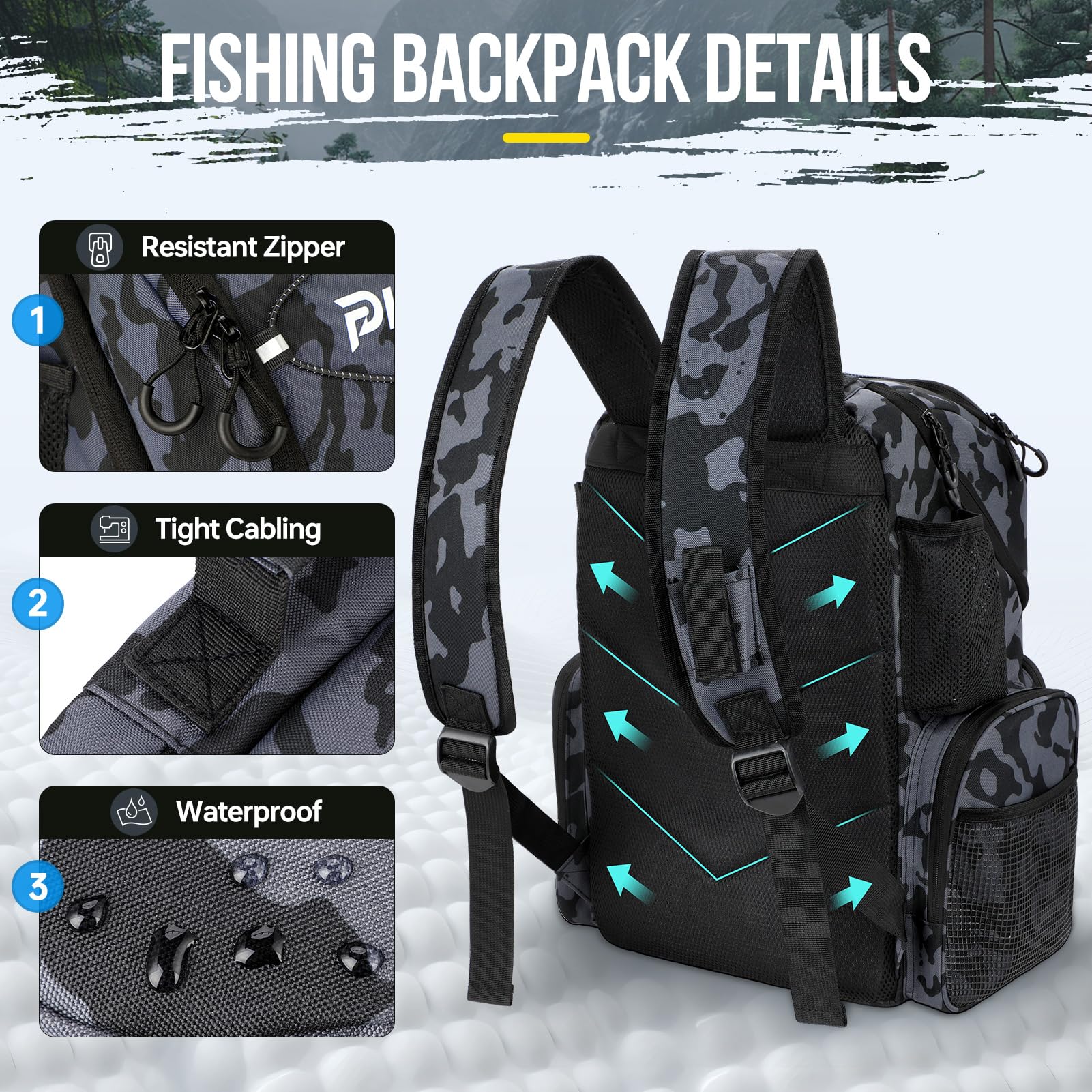 PLUSINNO fishing backpack bottle pocket ready for drinks on shore