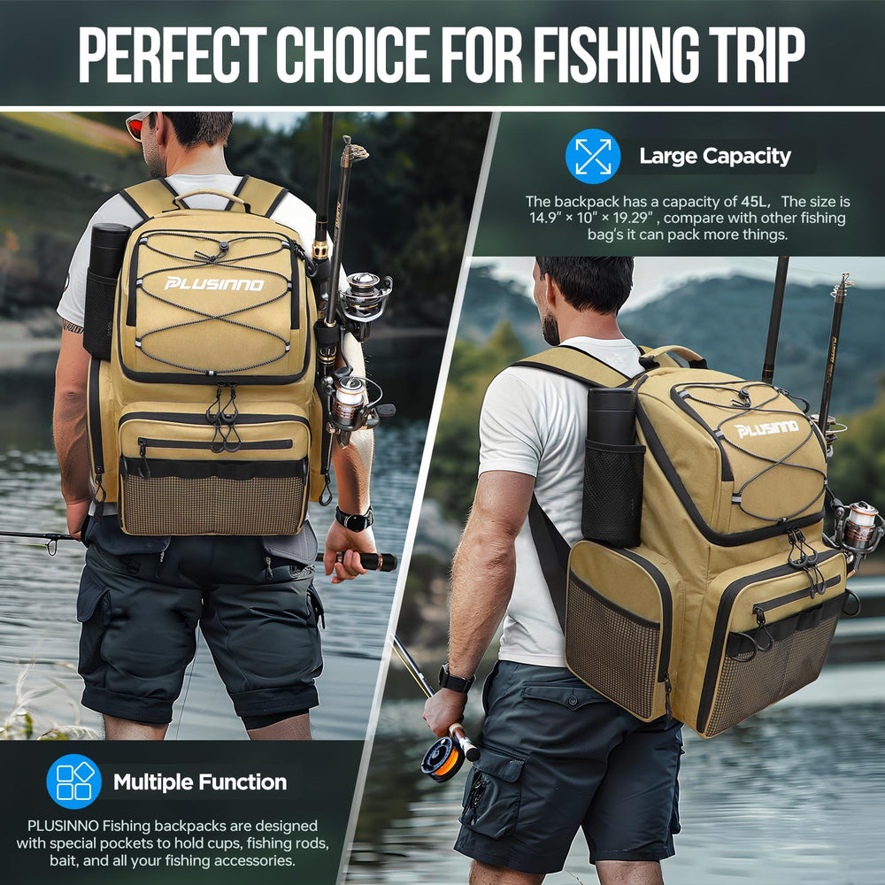 PLUSINNO fishing backpack bottle pocket keeps hydration within easy reach.