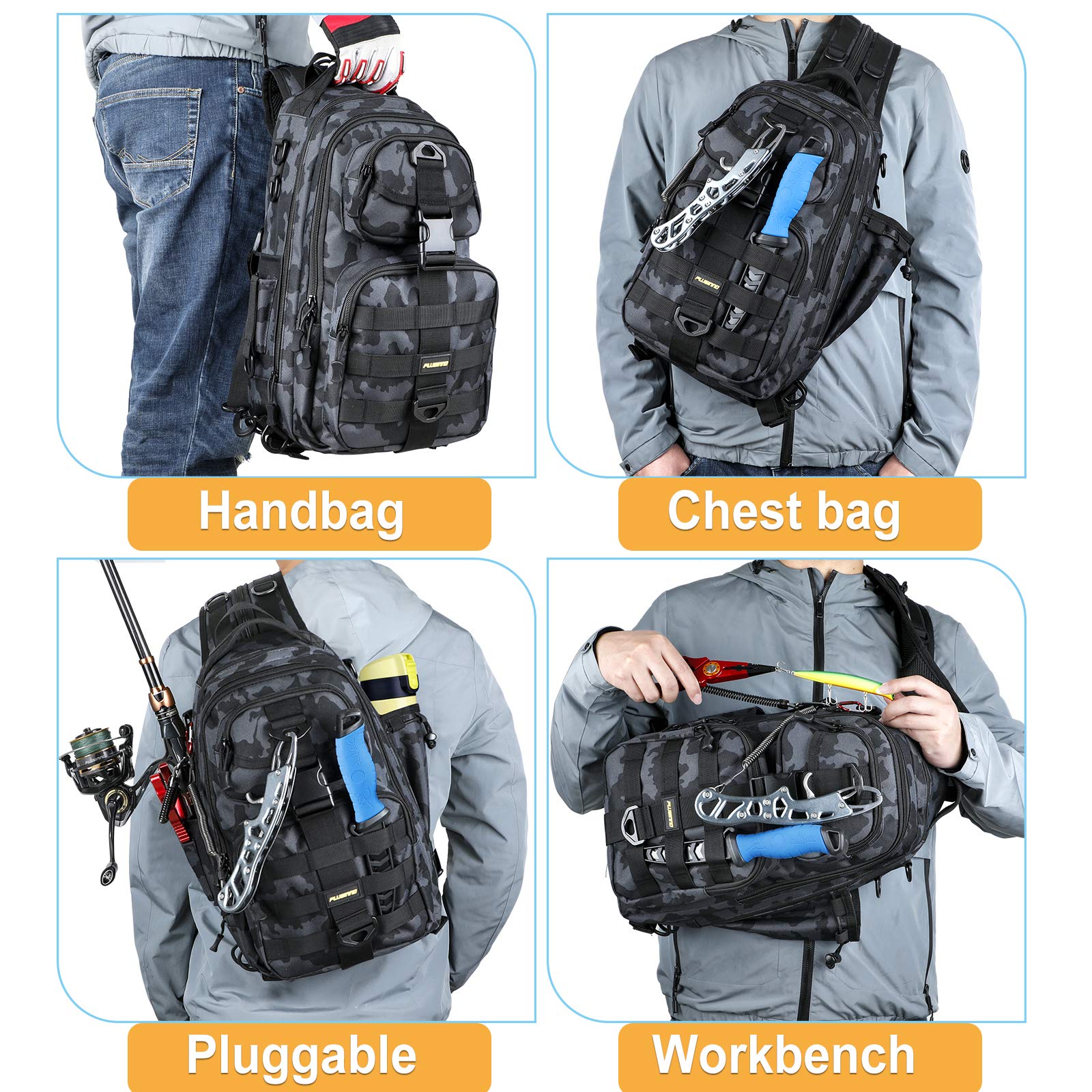 PLUSINNO Fishing Backpack convertible straps show backpack-to-sling versatility for travel days.