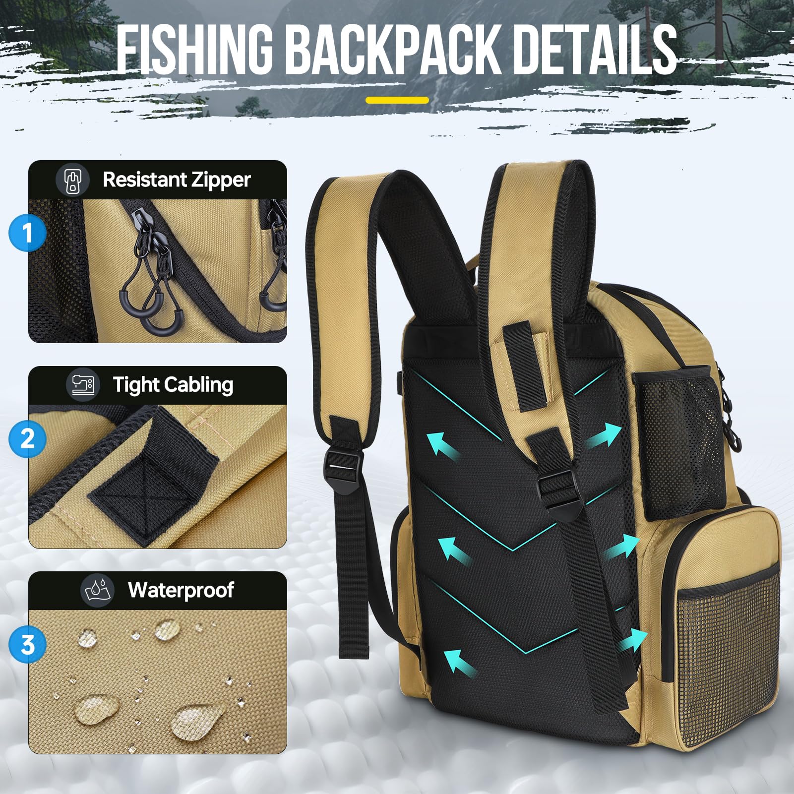 PLUSINNO fishing backpack ergonomic shoulder straps reduce strain during long trips.