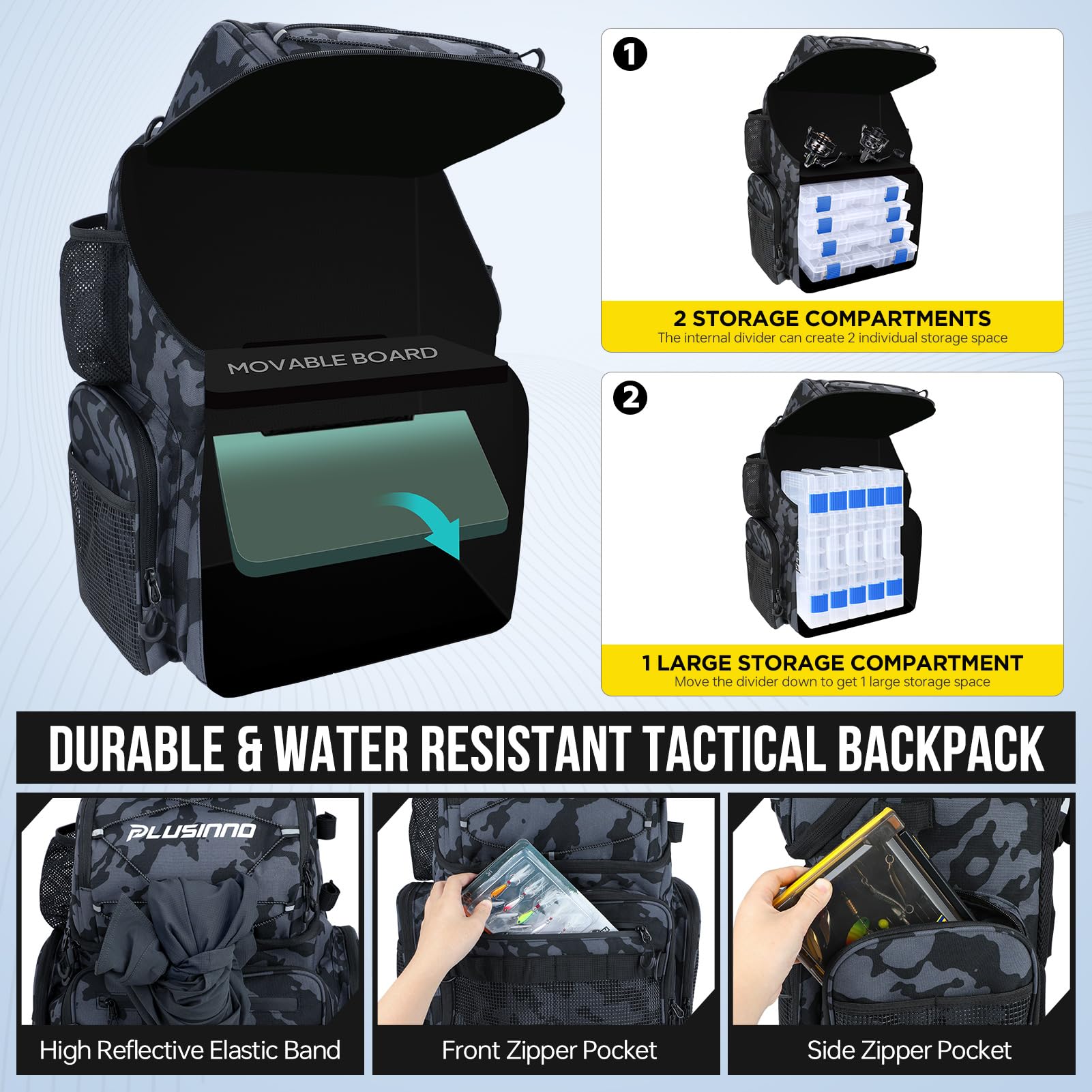 PLUSINNO fishing backpack ergonomic straps reduce shoulder strain on long trips