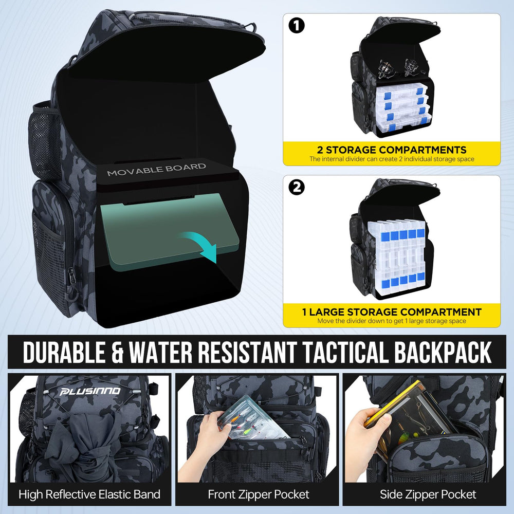 PLUSINNO fishing backpack ergonomic straps reduce shoulder strain on long trips