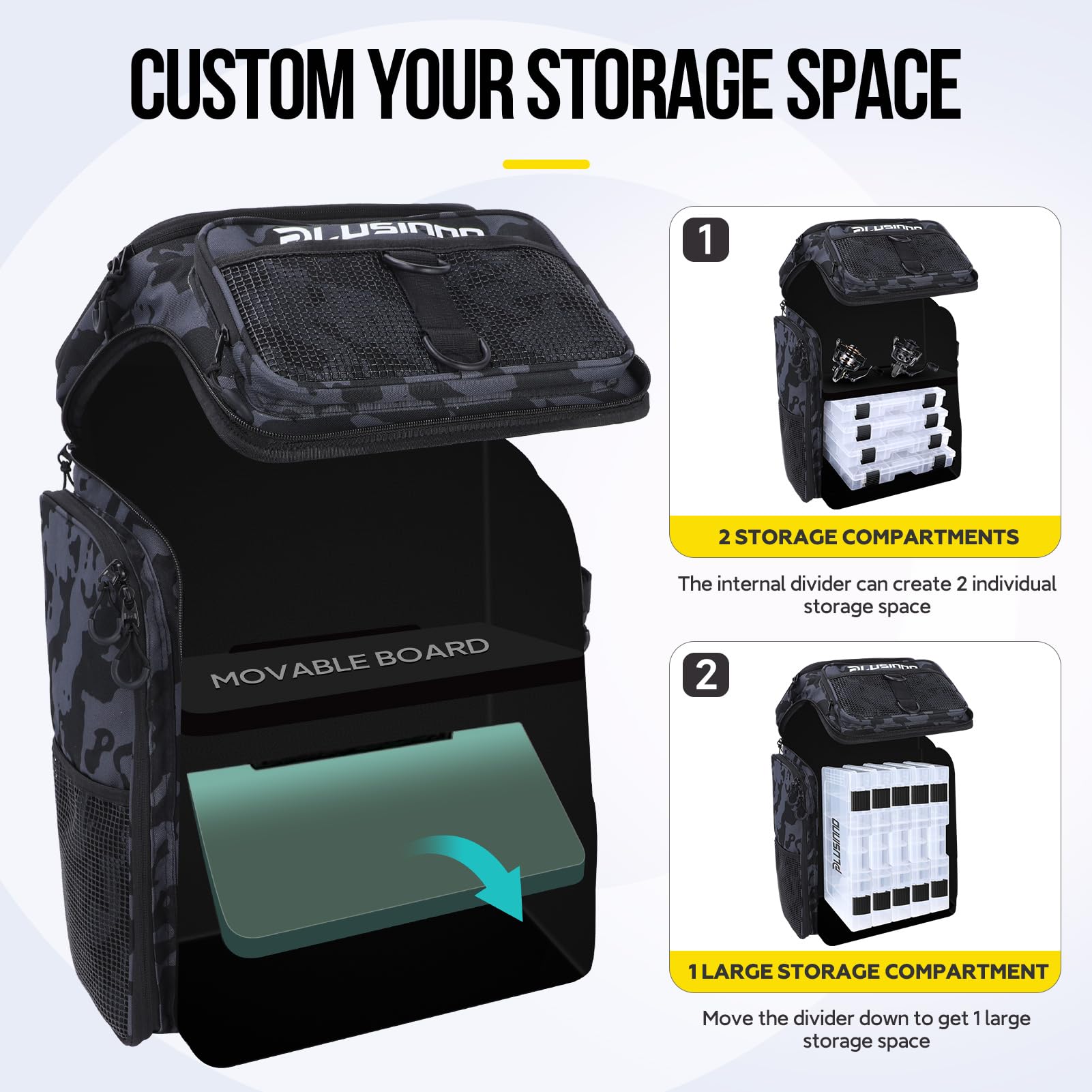 PLUSINNO backpack main compartment with movable divider adapts to gear layout
