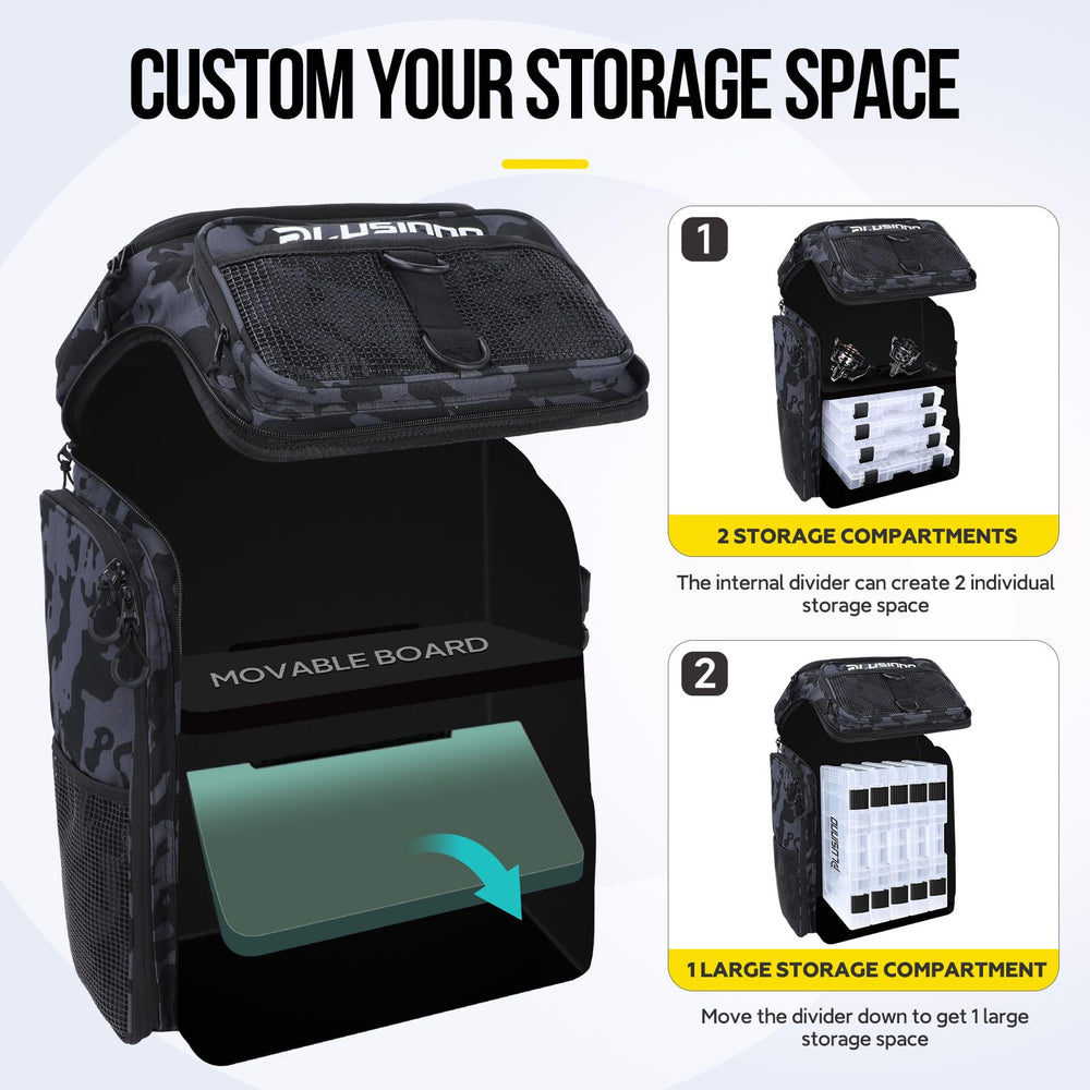 PLUSINNO backpack main compartment with movable divider adapts to gear layout