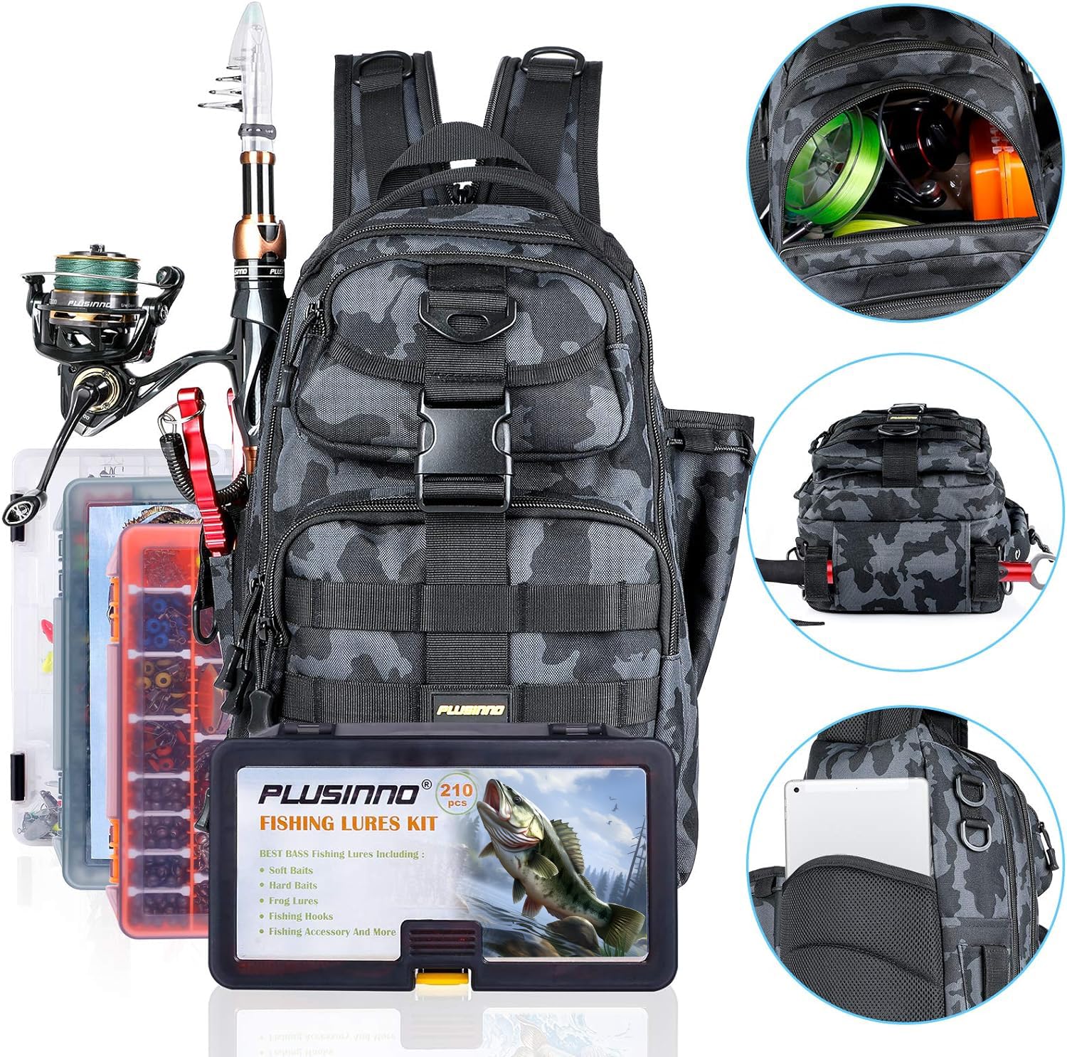 PLUSINNO Fishing Backpack main-compartment view highlights roomy space for lures and tools.