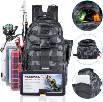 PLUSINNO Fishing Backpack main-compartment view highlights roomy space for lures and tools.