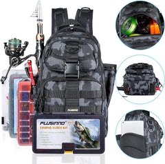 PLUSINNO Fishing Backpack main-compartment view highlights roomy space for lures and tools.