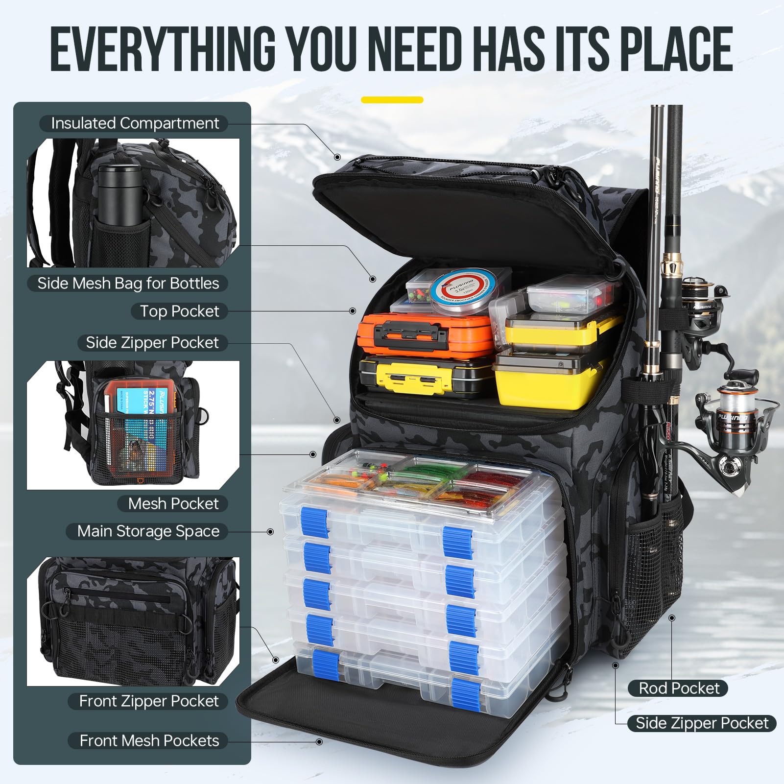 PLUSINNO fishing backpack with multiple pockets for easy gear access