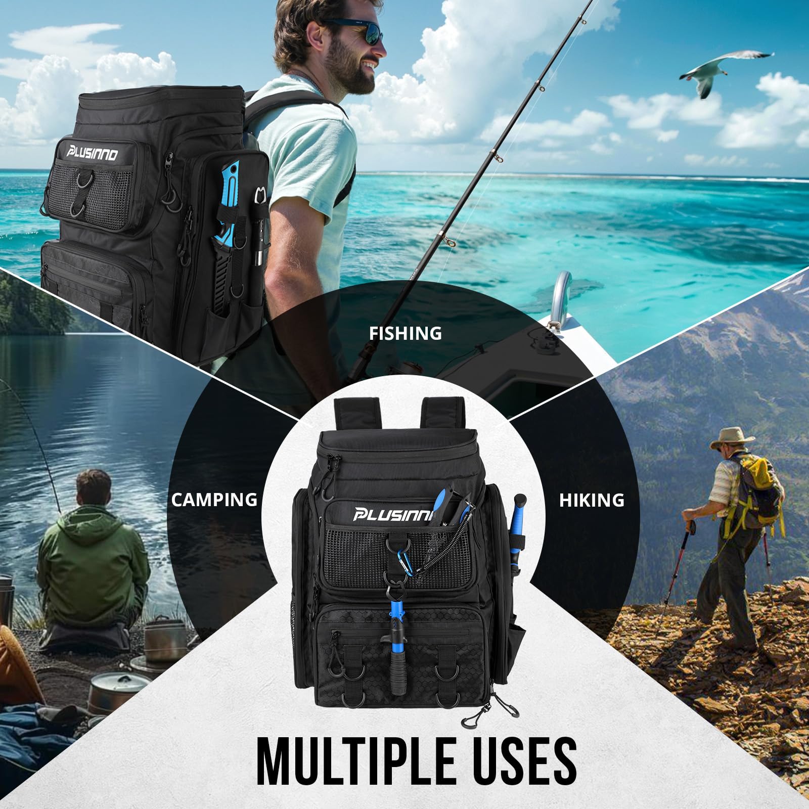 Plusinno fishing backpack versatile outdoor bag for camping and travel.