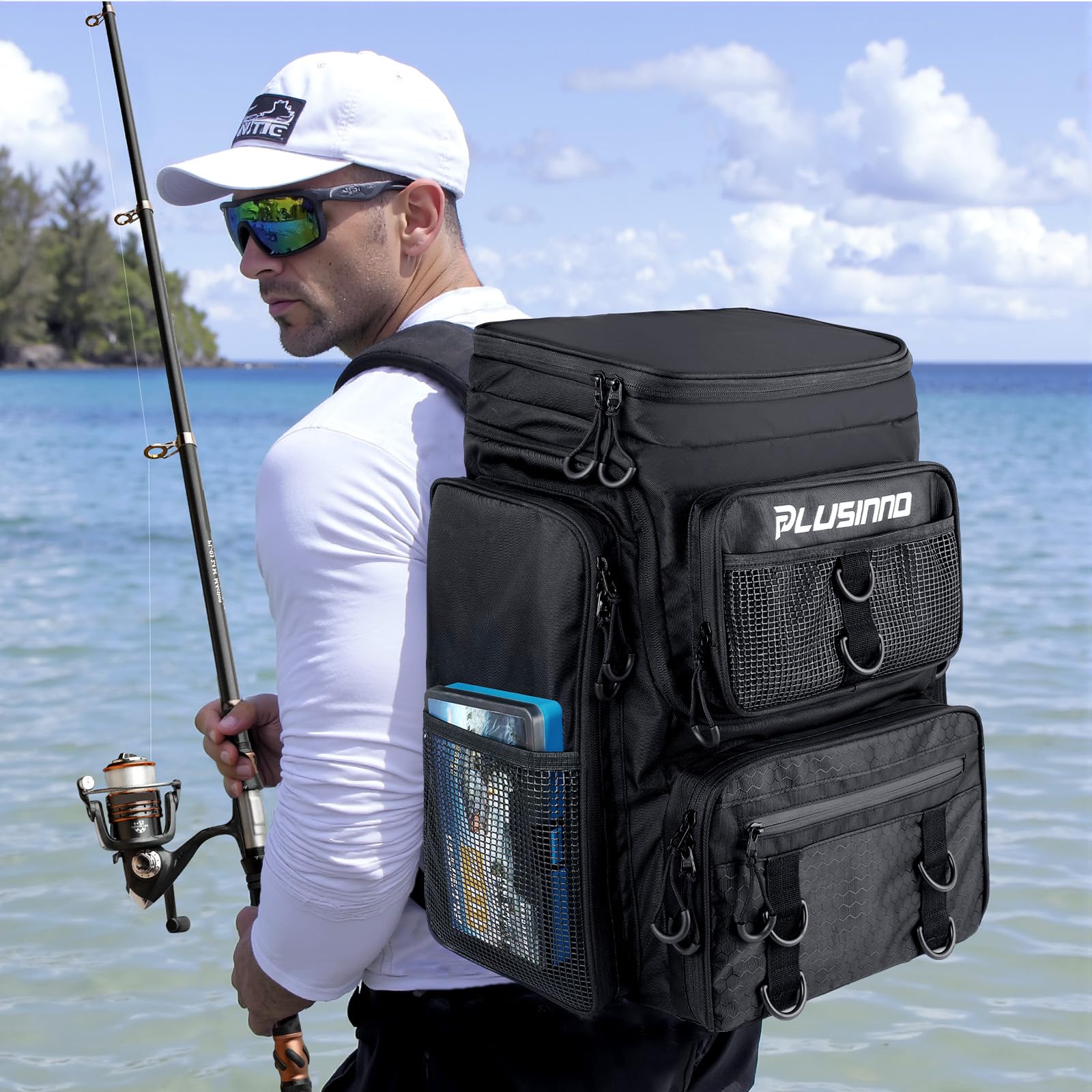 Plusinno fishing backpack padded straps and breathable back panel for all-day comfort.