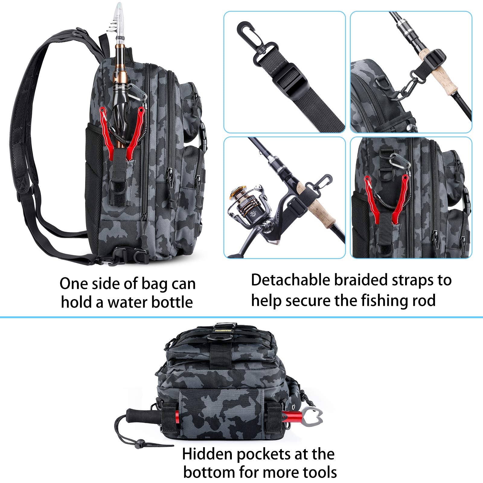 PLUSINNO Fishing Backpack rod belts image demonstrates secure rod storage while moving between spots.