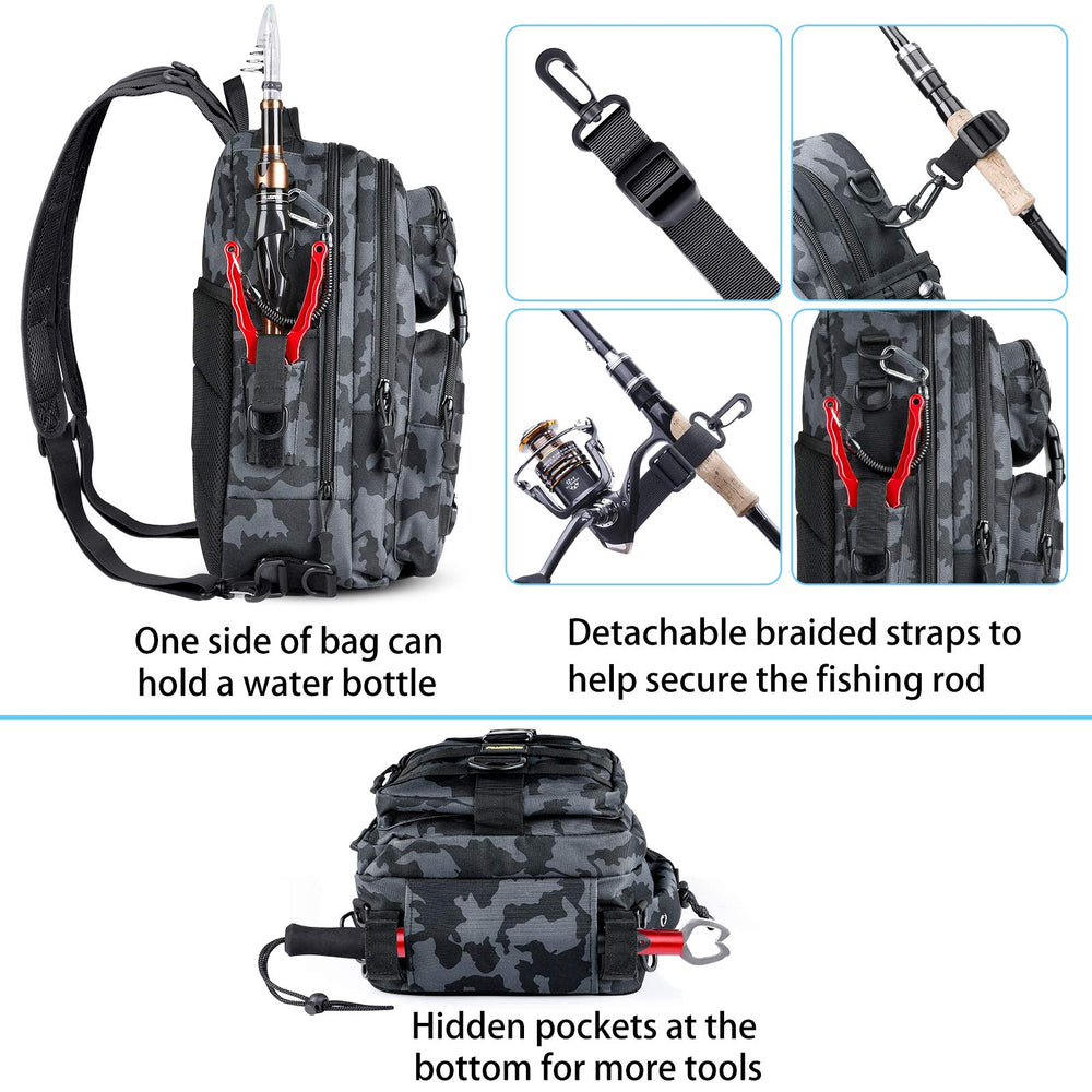 PLUSINNO Fishing Backpack rod belts image demonstrates secure rod storage while moving between spots.