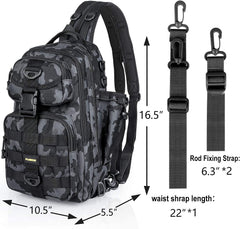 PLUSINNO Fishing Backpack rod holder side view shows easy access while reeling in catches.