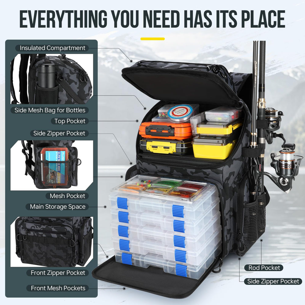 PLUSINNO fishing backpack rod holders keep gear organized on the go