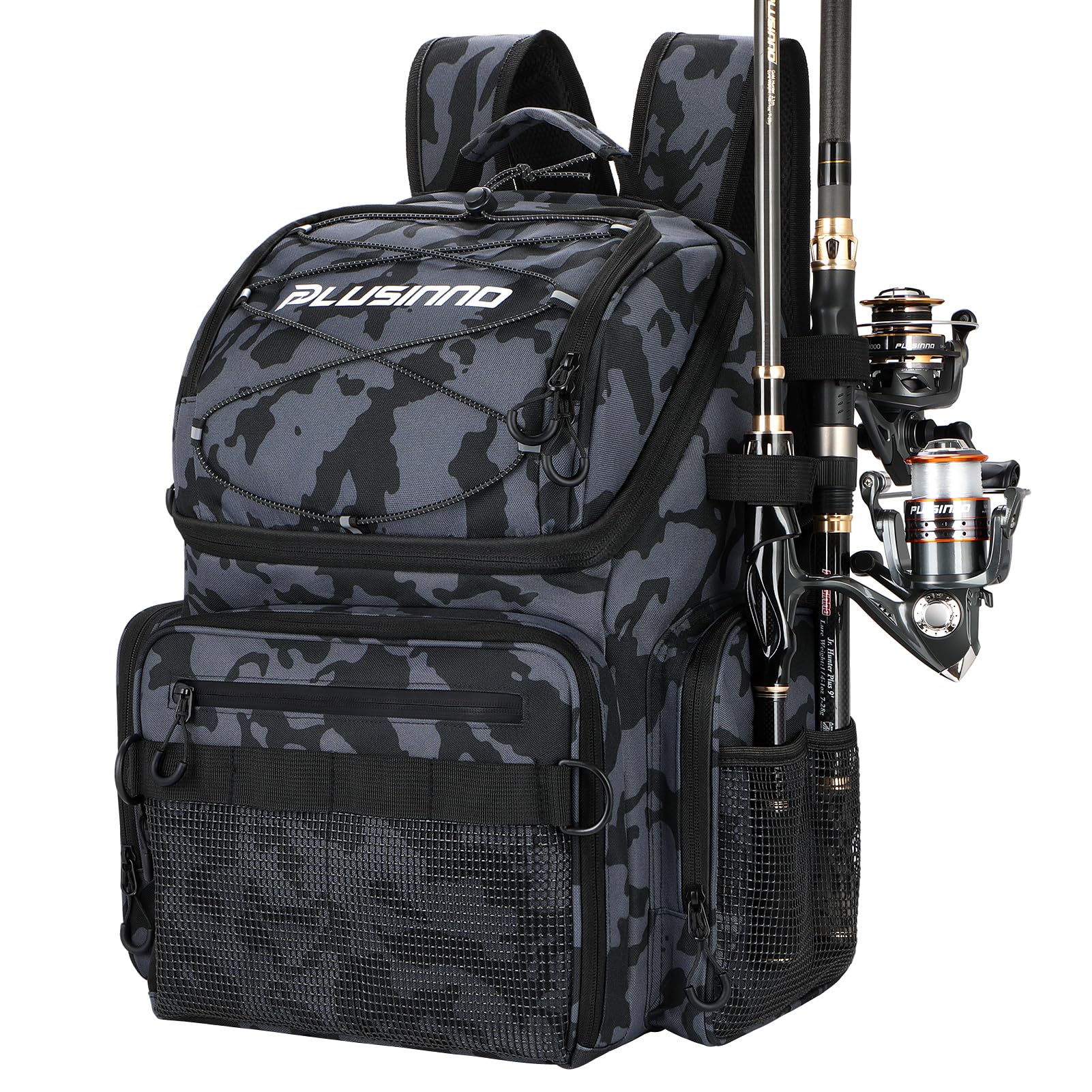 PLUSINNO fishing backpack with rod holders on rugged 900D fabric for durable outdoor use