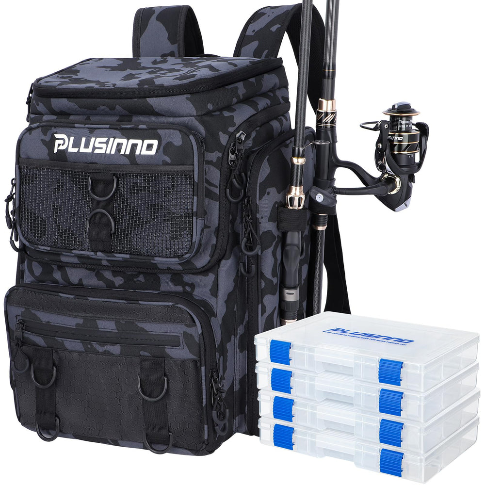 PLUSINNO fishing backpack with rod holders keeps gear organized on long angling trips.