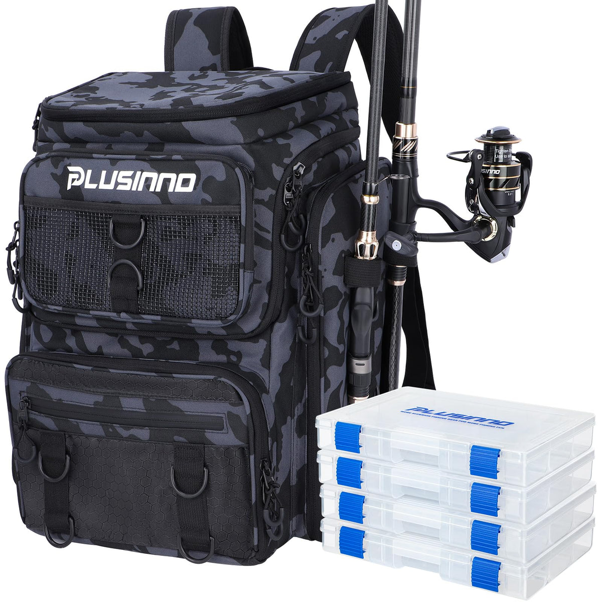 PLUSINNO fishing backpack with rod holders keeps gear organized on long angling trips.