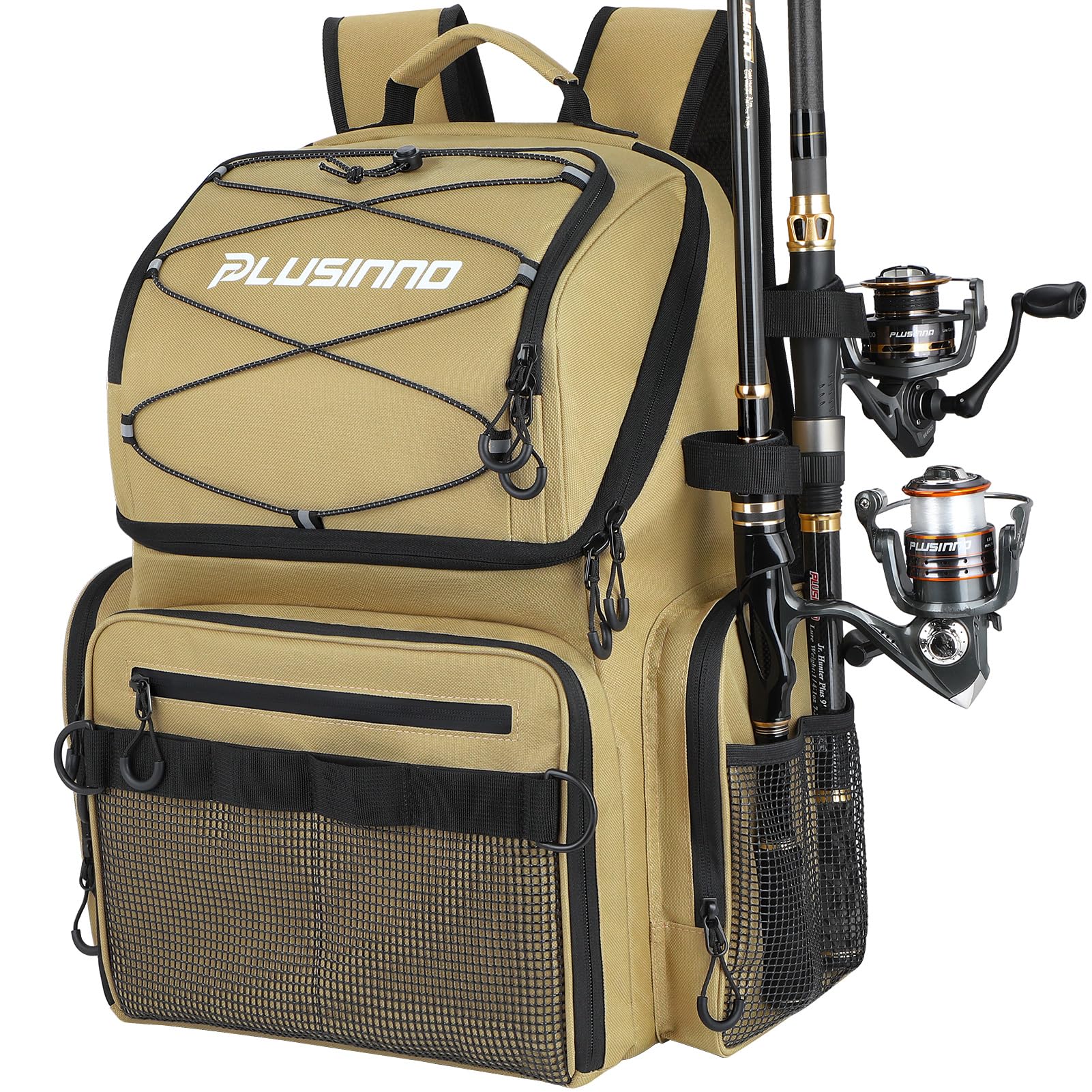 PLUSINNO fishing backpack with rod holders for organized gear on the water.