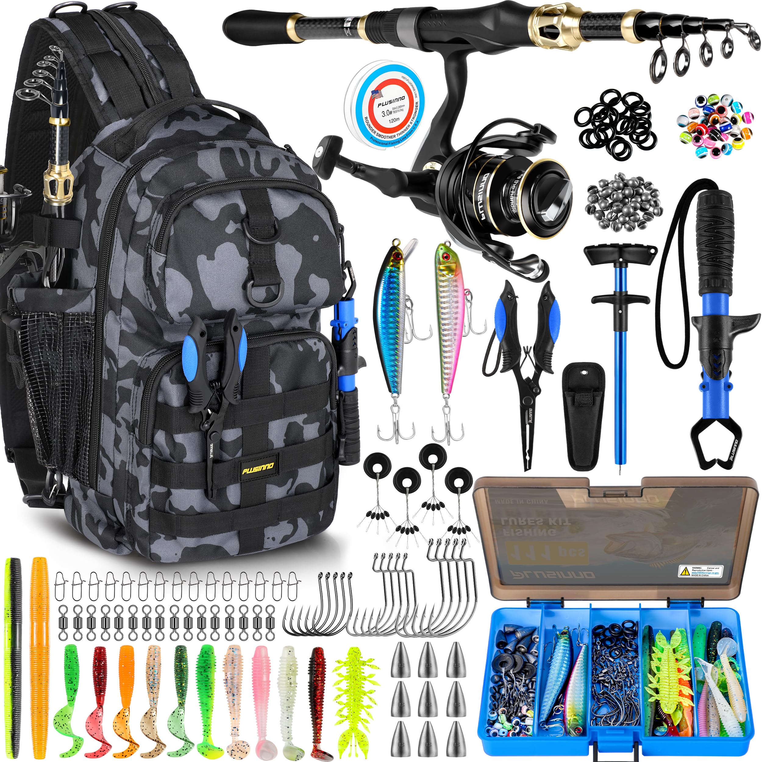 PLUSINNO fishing backpack with rod and reel combo - front view