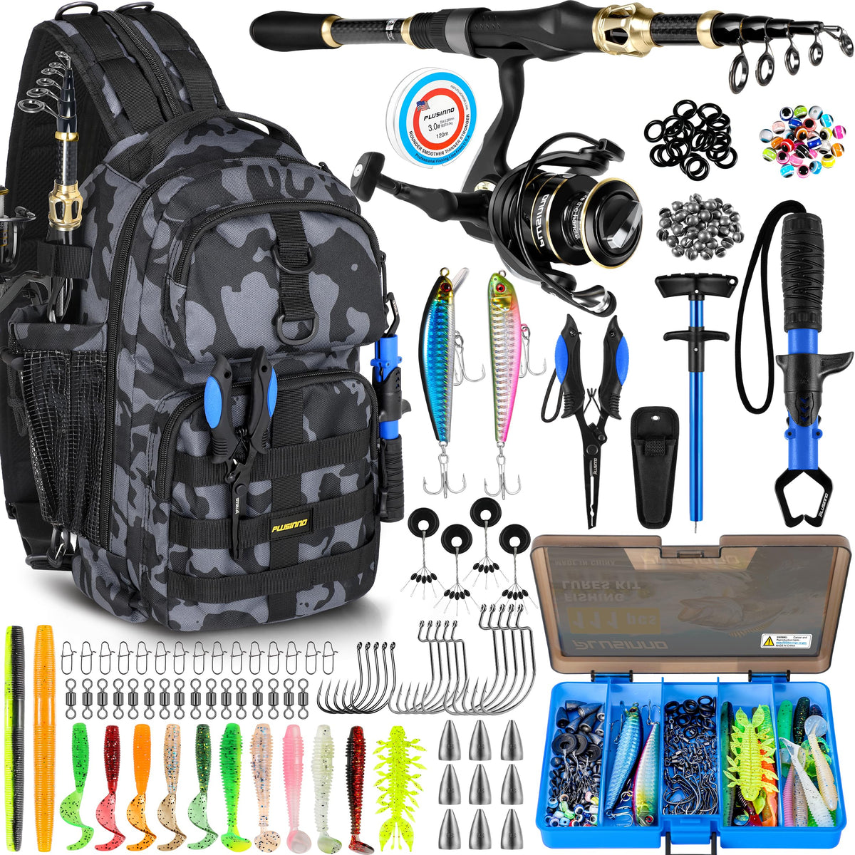 PLUSINNO fishing backpack with rod and reel combo - front view