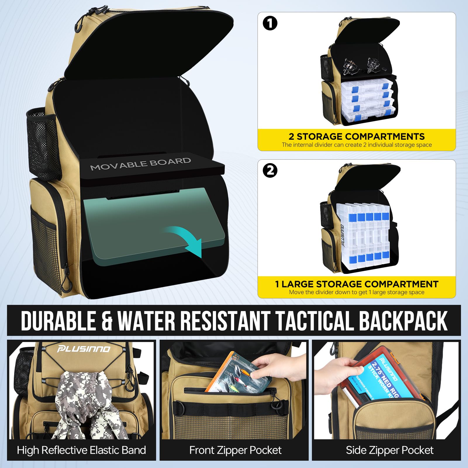 PLUSINNO fishing backpack water-resistant 900D fabric resists tearing in rugged environments.